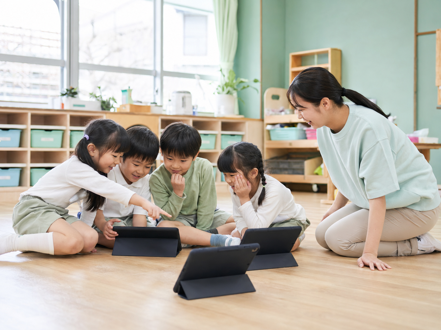 幼稚園でタブレットを囲み協働する子どもたち